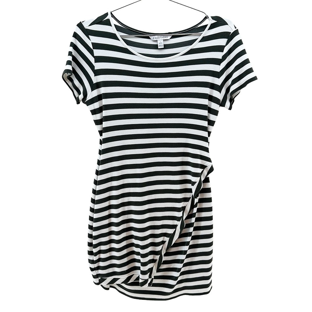 41 HAWTHORN Brigitte Stripe Short Sleeve‎ Knit Dress • Petite L • white, green